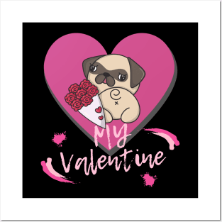 My Valentine with a Kawaii Style Dog Pink Heart and Flowers Posters and Art